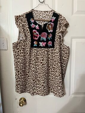 Leopard Print Sleeveless Top with Floral Embroidered Yoke